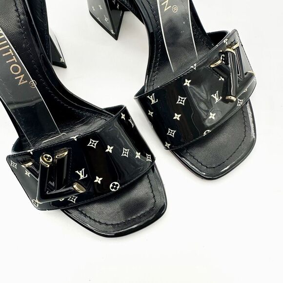 LOUIS VUITTON Shake Black LV Turnlock Block Heel Sandal Size 37.5 Printed Patent - Picture 3 of 12